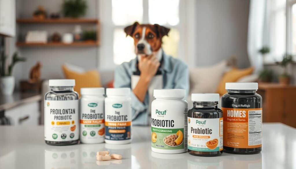 A well-lit modern kitchen counter, with a variety of dog probiotic supplements displayed prominently in the foreground. In the middle ground, a thoughtful pet owner examines the labels and ingredients, considering the options. The background features a calming, blurred-out scene of a cozy living room, hinting at the dog's home environment. The lighting is soft and natural, accentuating the crisp details of the probiotic packages. The overall mood is one of careful consideration and concern for the pet's well-being.