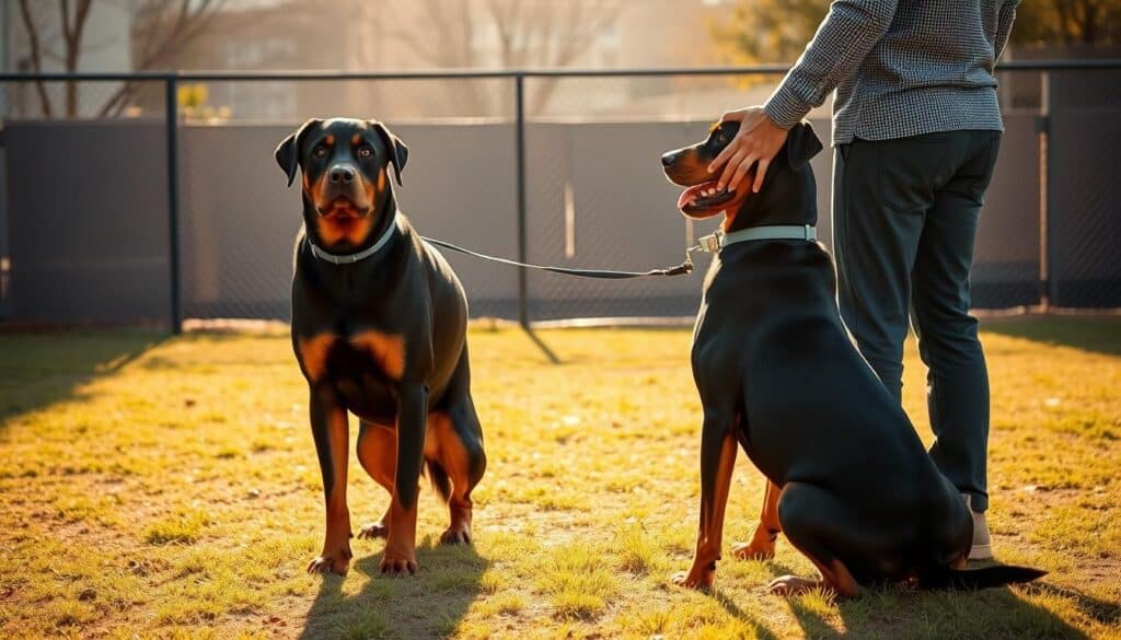 A well-trained Rottweiler stands attentively as its owner demonstrates obedience commands in a sunlit training yard. The dog's muscular frame and alert gaze convey discipline and focus. In the middle ground, the handler uses hand signals and vocal cues, guiding the Rottweiler through a series of sit, stay, and heel exercises. In the background, a neatly fenced perimeter frames the scene, suggesting a secure, controlled environment for these training techniques. The lighting is natural and diffused, casting a warm, golden tone that enhances the dog's rich black and tan coat. This image captures the essence of effective Rottweiler training - a harmonious partnership between canine and human, built on trust, consistency, and unwavering commitment.