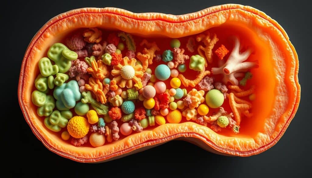 Detailed cross-section of a healthy canine gut, showcasing the delicate balance of the microbiome. Vibrant colors and intricate textures depict the diversity of beneficial bacteria, fungi, and other microorganisms that support digestive and immune function. Rendered in a semi-realistic, scientific style with a focus on clarity and accuracy. Soft lighting from above casts gentle shadows, emphasizing the three-dimensional structure. Tight framing isolates the gut contents, conveying the essential role of probiotics in canine health and wellbeing. Detailed cross-section of a healthy canine gut, showcasing the delicate balance of the microbiome. Vibrant colors and intricate textures depict the diversity of beneficial bacteria, fungi, and other microorganisms that support digestive and immune function. Rendered in a semi-realistic, scientific style with a focus on clarity and accuracy. Soft lighting from above casts gentle shadows, emphasizing the three-dimensional structure. Tight framing isolates the gut contents, conveying the essential role of probiotics in canine health and wellbeing.